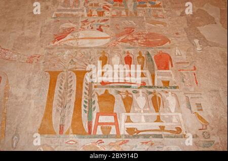 Hieroglypic carvings and paintings on interior wall at the ancient egyptian temple of hatshepsut in Luxor Stock Photo