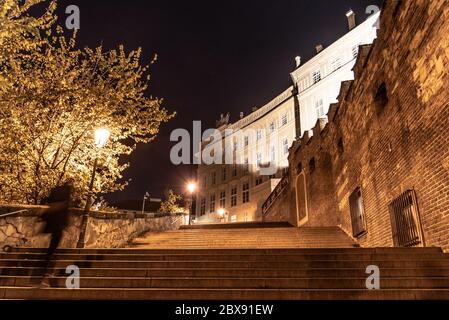 New Castle Stairs at Prague Castle by night, Lesser Town Quarter, Prague, Czech Republic. Stock Photo