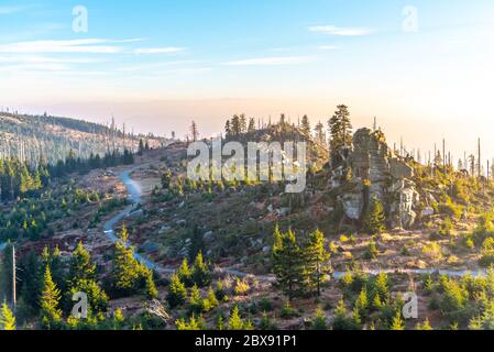 Eroded granite rock formation on the top of Tristolicnik, Dreisesselberg. Sumava National Park and Bavarian Forest, Czech republic and Germany. Stock Photo