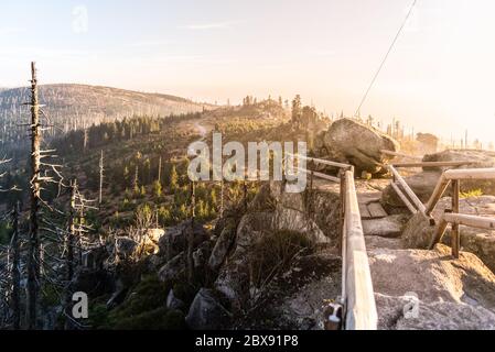 Eroded granite rock formation on the top of Tristolicnik, Dreisesselberg. Sumava National Park and Bavarian Forest, Czech republic and Germany. Stock Photo