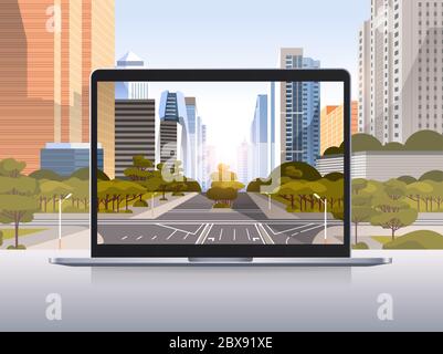 transparent laptop screen cityscape background realistic gadgets and devices concept horizontal vector illustration Stock Vector