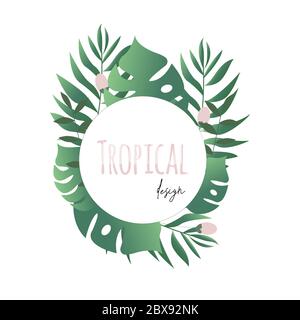 Summer sale round tropical banner frame with monstera leaves. Wedding frame invitation with exotic palm leaves template. Vector isolated illustration. Stock Vector