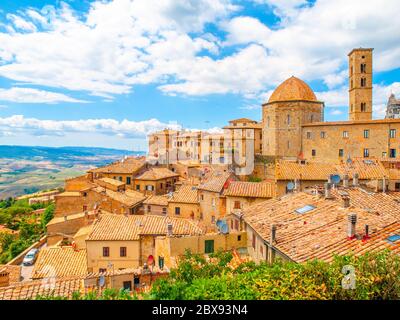 Panoramic view of Volterra - medieval Tuscan town with old houses, towers and churches, Tuscany, Italy. Stock Photo