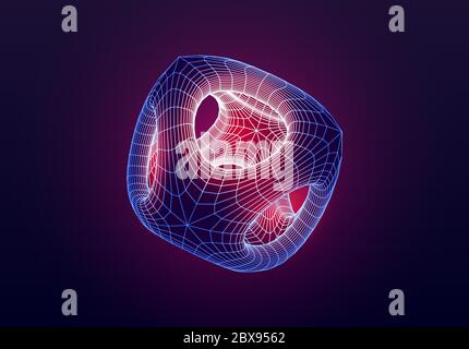 Abstract technology styled grid shape with inner light on purple background for synthwave or cyberpunk themed backdrop Stock Vector