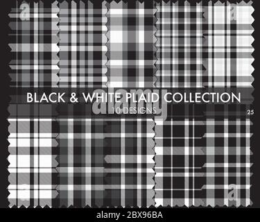 "Black and White Plaid Tartan Seamless Pattern Collection - Black and White Plaid, tartan seamless pattern collection includes 10 designs suitable for Stock Vector