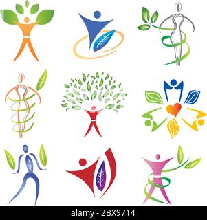 Set of Body Icons with Leaves / Foliage Elements Stock Vector