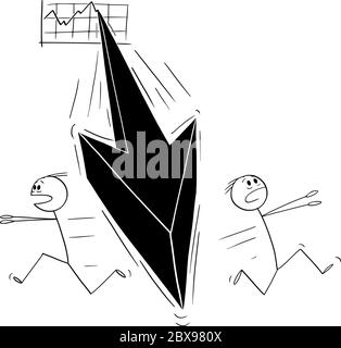 Vector cartoon stick figure drawing conceptual illustration of two men or businessmen running away in panic from the falling financial graph arrow. Crisis or recession concept. Stock Vector