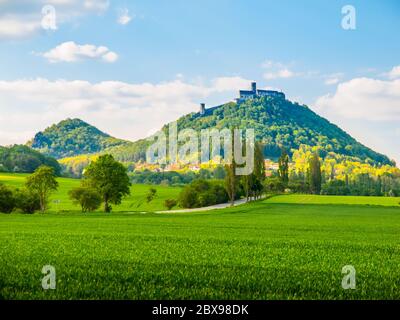 Medieval castle Bezdez on the mountain top. Sunny summer day with lush green fields in Czech landscape. Czech Republic. Stock Photo