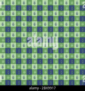 green gingham with beetles seamless vector pattern Stock Vector