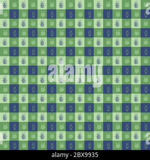 green gingham with beetles seamless vector pattern Stock Vector