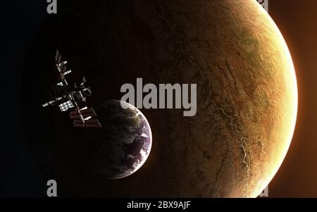 Giant exoplanet with green moon. Space station in deep space Stock Photo