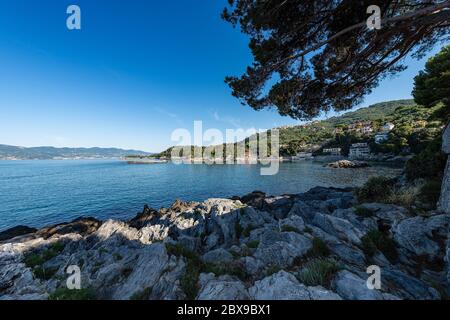Fiascherino beach and Mediterranean Sea, near Lerici in the Gulf of La Spezia, Liguria, Italy, Europe Stock Photo