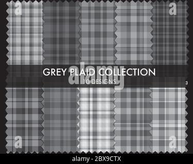 Grey Plaid Tartan Seamless Pattern Collection - Grey Plaid, checkered, tartan seamless pattern collection includes 10 designs suitable for fashion tex Stock Vector