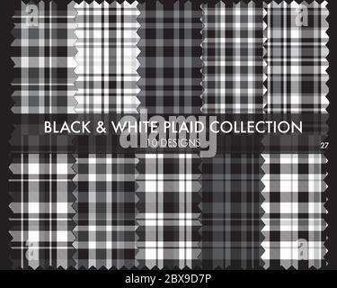 "Black and White Plaid Tartan Seamless Pattern Collection - Black and White Plaid, tartan seamless pattern collection includes 10 designs suitable for Stock Vector