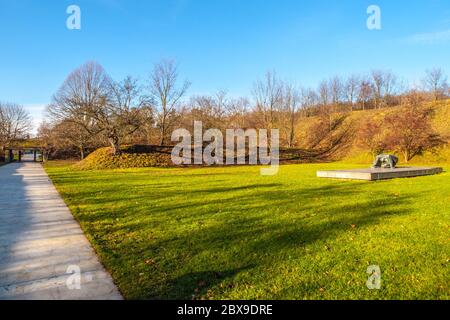 PRAGUE, CZECH REPUBLIC - DECEMBER 9, 2017: Former Kobylisy Shooting Range, Prague, Czech Republic. Place of mass executions during WWII by Nazis after the assassination of Reinhard Heydrich. Stock Photo