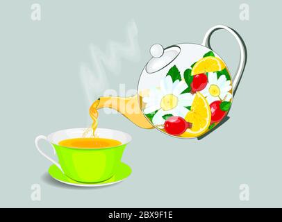 Pour tea from the teapot into a Cup. Flat style tea party. Time for tea. Chamomile, lemon, rosehip, mint. Vector Stock Vector