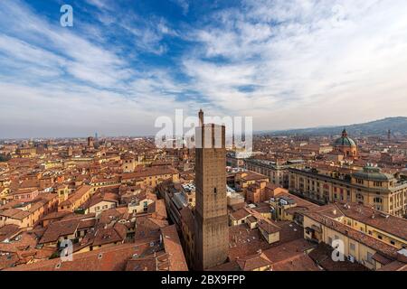 Bologna cityscape with Azzoguidi, Garisenda and Asinelli tower, Basilica of Santi Bartolomeo e Gaetano and Sanctuary of Santa Maria della Vita. Italy. Stock Photo