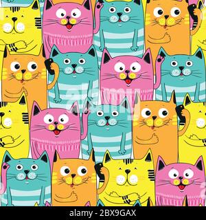 Cute cats colorful seamless pattern background. Vector EPS 10 Stock Vector