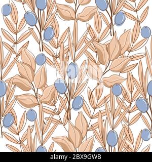 Seamless pattern background with olives brunches. Vector illustration EPS10. Beige trendy colors Stock Vector