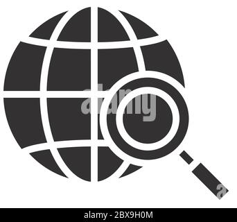 global connection sphere with magnifying glass over white background, silhouette style, vector illustration Stock Vector