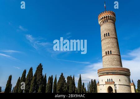 Monumental Tower of St. Martin of the Battle in gothic style, 1878. National monument of the Italian Risorgimento. San Martino della Battaglia, Italy. Stock Photo