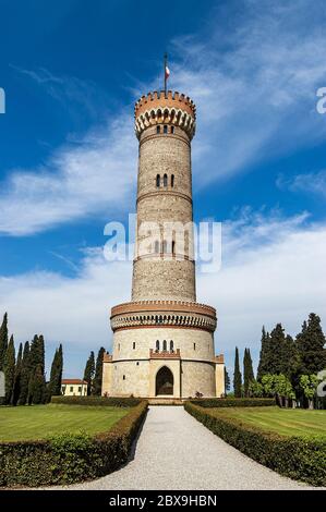 Monumental Tower of St. Martin of the Battle in gothic style, 1878. National monument of the Italian Risorgimento. San Martino della Battaglia, Italy. Stock Photo