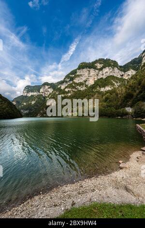 Lago Schener, small artificial lake in the Alps, Trentino Alto Adige and Veneto, Pontet, Fiera di Primiero, Italy, Europe Stock Photo