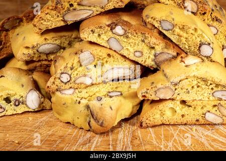 Cantucci or Cantuccini, typical dry biscuits from the Tuscany region, made with flour, eggs, yeast and almonds. Italy, Europe Stock Photo