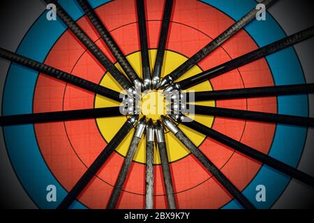 Extreme close up of a target with a large group of arrow. Archery sport Stock Photo