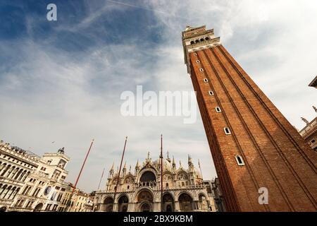 Venice Italy, Piazza San Marco (St Mark square) with the bell tower (Campanile) and the Basilica and Cathedral, Veneto, Italy, Europe