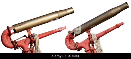 Close-up of two red water cannons of a fire boat isolated on white background Stock Photo