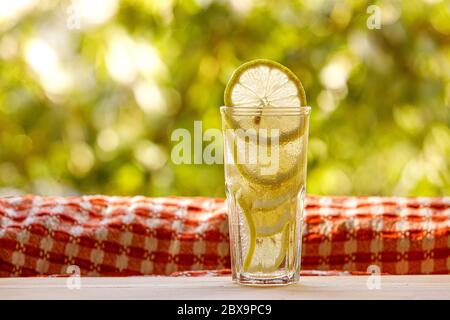 Citrus lemonade in garden setting, summer drink