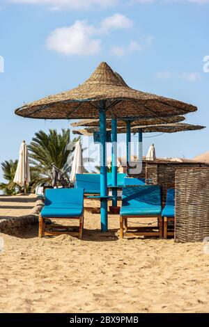 Group of straw umbrellas and deck chairs in a Red Sea sandy beach, tourist resort near Marsa Alam, Egypt, Africa Stock Photo
