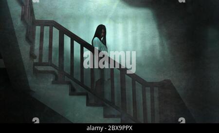 Japanese horror movie style portrait of young strange Asian girl at night in dark solitary hotel staircase looking weird and shady in fear and scary H Stock Photo
