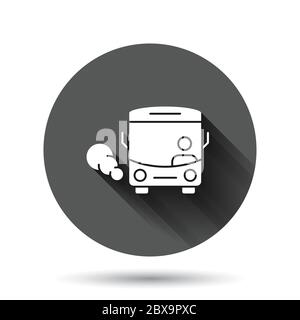 Bus icon in flat style. Coach vector illustration on black round background with long shadow effect. Autobus vehicle circle button business concept. Stock Vector