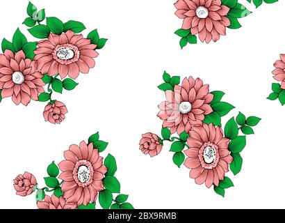 Seamless pattern with spring flowers and leaves. Hand drawn background. floral pattern for wallpaper or fabric. Flower rose. Botanic Tile. Stock Photo
