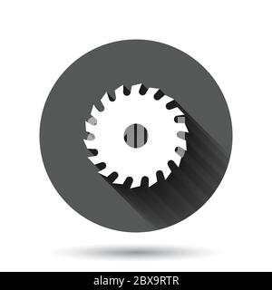 Saw blade icon in flat style. Circular machine vector illustration on black round background with long shadow effect. Rotary disc circle button busine Stock Vector