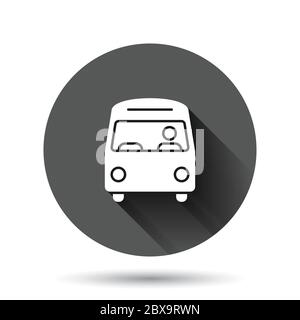 Bus icon in flat style. Coach vector illustration on black round background with long shadow effect. Autobus vehicle circle button business concept. Stock Vector