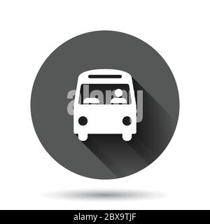 Bus icon in flat style. Coach vector illustration on black round background with long shadow effect. Autobus vehicle circle button business concept. Stock Vector