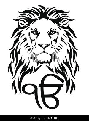 The Lion and the most significant symbol of Sikhism - Sign Ek Onkar, drawing for tattoo, on a white background, vector Stock Vector