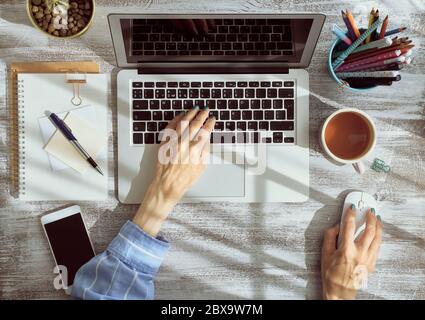 Work from home, online shopping, learning. Top view. Distance education. Stock Photo