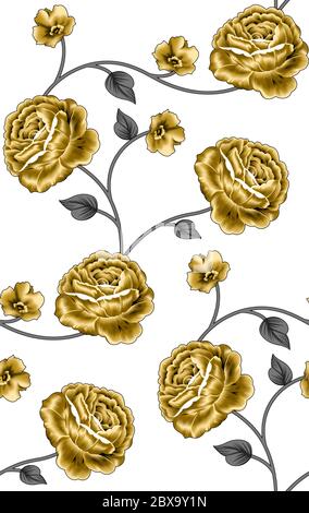 Seamless pattern with spring flowers and leaves. Hand drawn background. floral pattern for wallpaper or fabric. Flower rose. Botanic Tile. Stock Photo