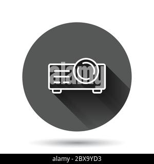 Video projector sign icon in flat style. Cinema presentation device vector illustration on black round background with long shadow effect. Conference Stock Vector