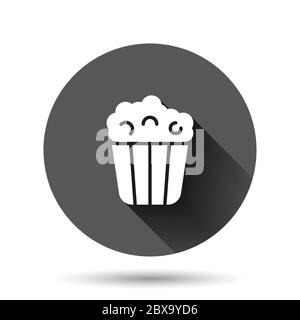 Film icon in flat style. Popcorn vector illustration on black round background with long shadow effect. Pop corn bucket circle button business concept Stock Vector