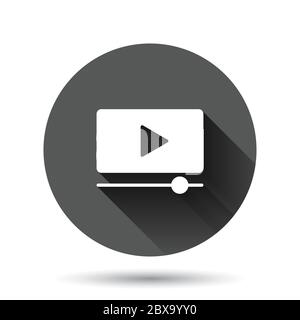 Film icon in flat style. Movie vector illustration on black round background with long shadow effect. Play video circle button business concept. Stock Vector