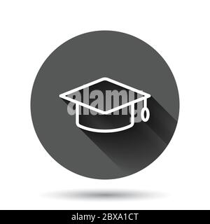 Graduation hat icon in flat style. Student cap vector illustration on black round background with long shadow effect. University circle button busines Stock Vector
