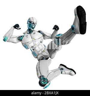 test machine doing a super kick. This dummy test doll in clipping path is very useful for graphic design creations, 3d illustration Stock Photo