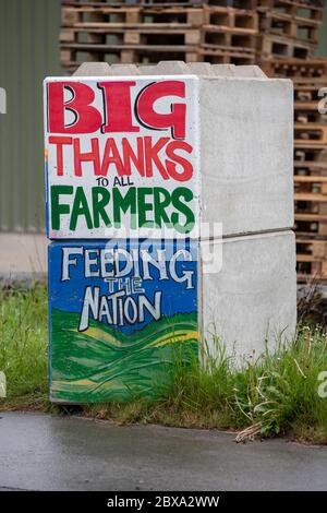 Painted message on concrete blocks thanking Key Workers during the Corona Covid-19 pandemic in the UK. North Yorkshire. Stock Photo