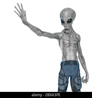 grey alien on military ready to win in white background., 3d illustration Stock Photo