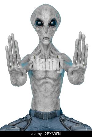 grey alien on military ready to win in white background, 3d illustration Stock Photo